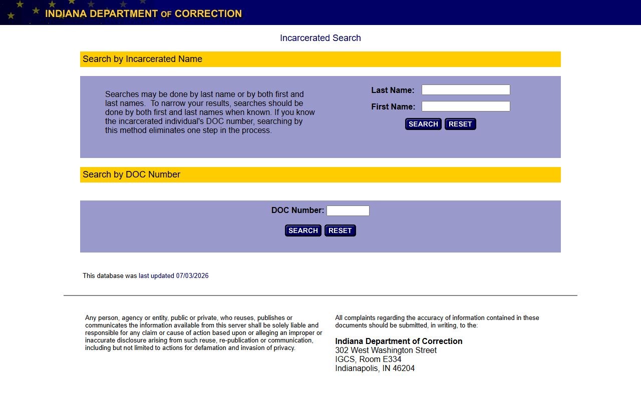 Starke County inmate records Indiana DOC offender search