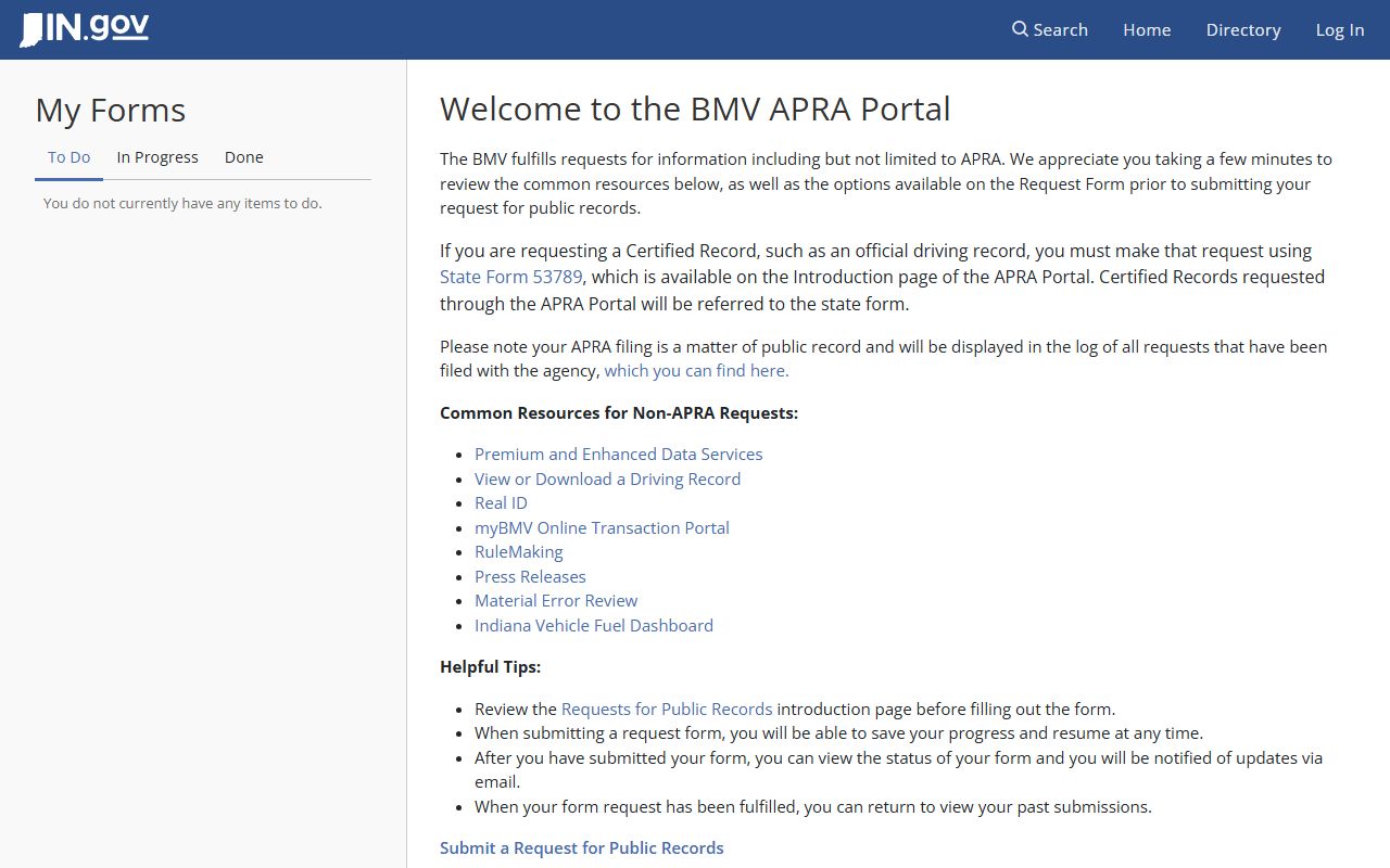Starke County traffic court records BMV APRA request portal